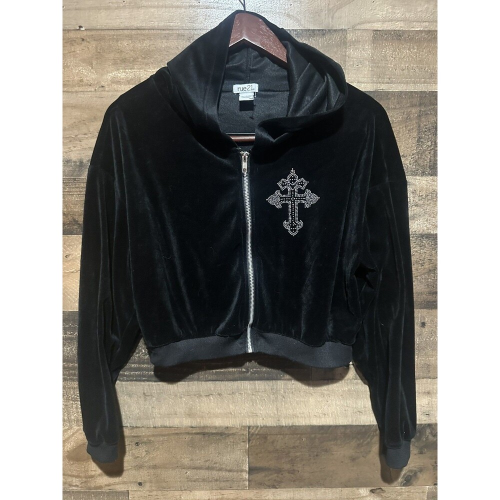 Rue 21 Black Velour Crop Sweatshirt Zip womens Hoodie Rhinestone Large